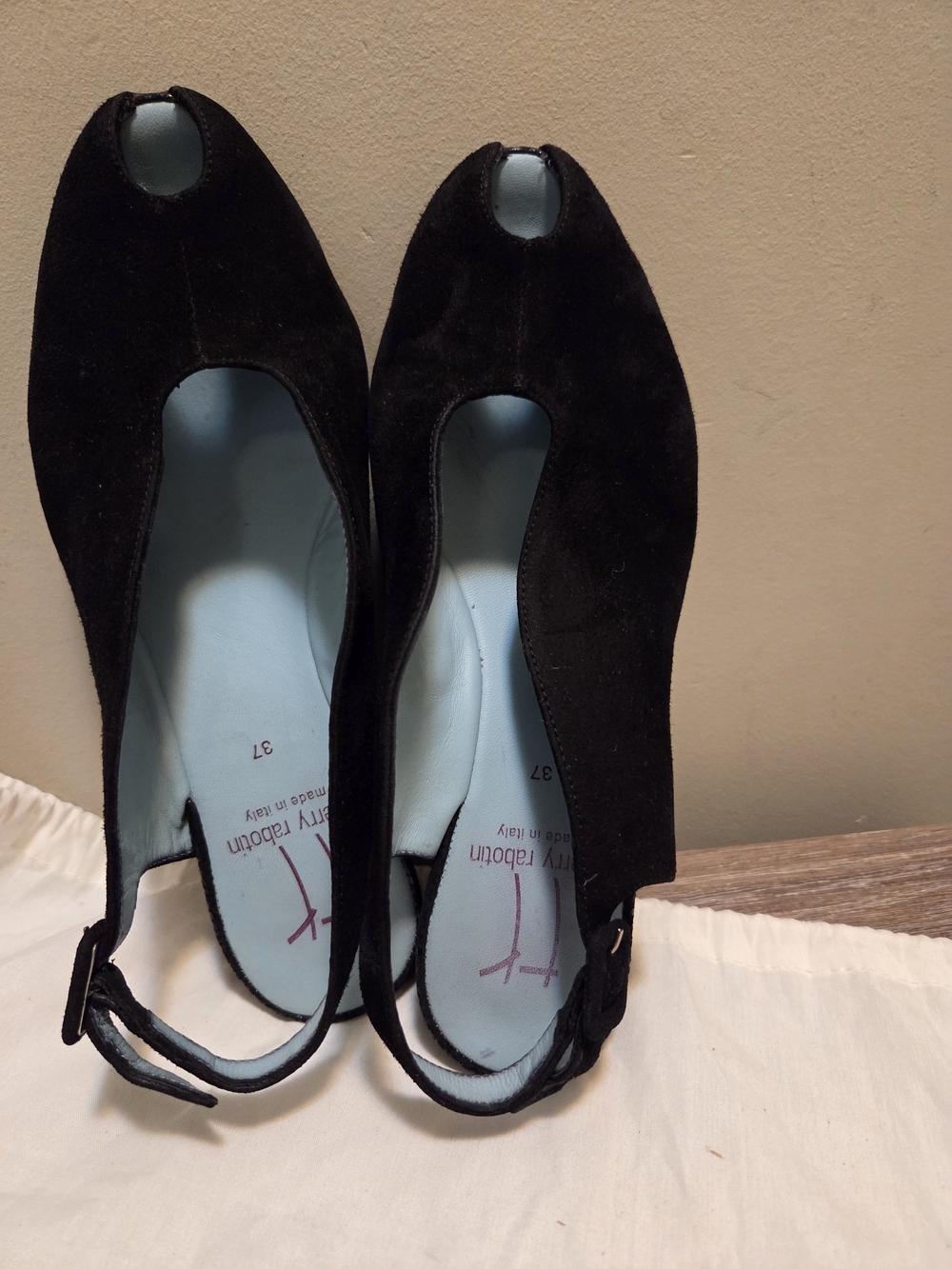 Thierry Rabotin Black Suede Peep-Toe Slingbacks